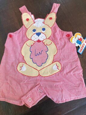 VTG Happy Kids 18 Mo. Bunny Embroidered Romper Overall Red Gingham Unisex NWT